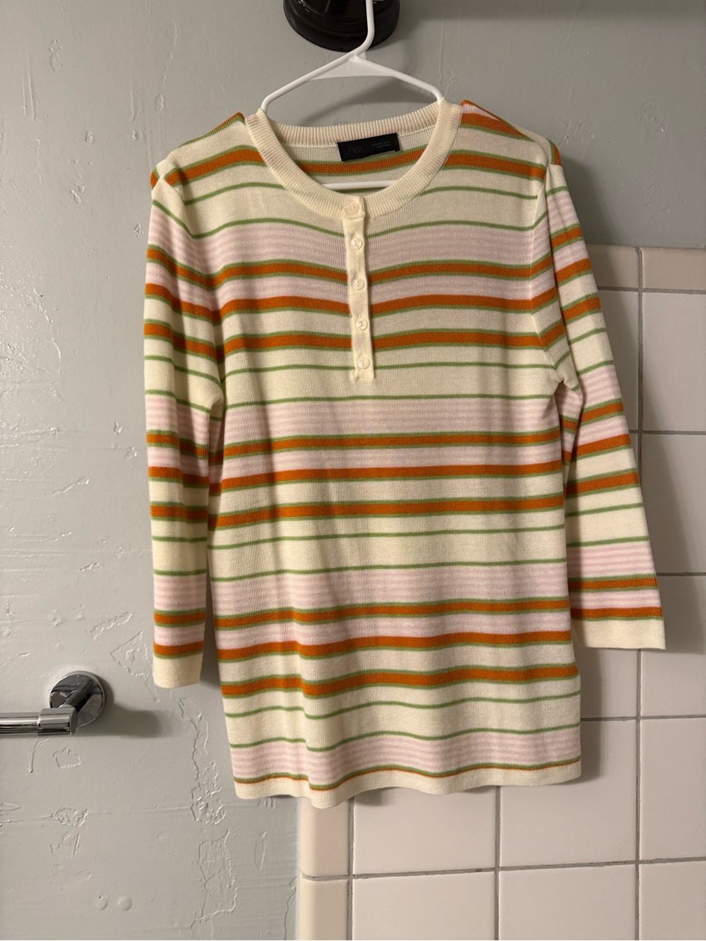 Zara Striped Henley Sweater in Cream, Orange & Green
